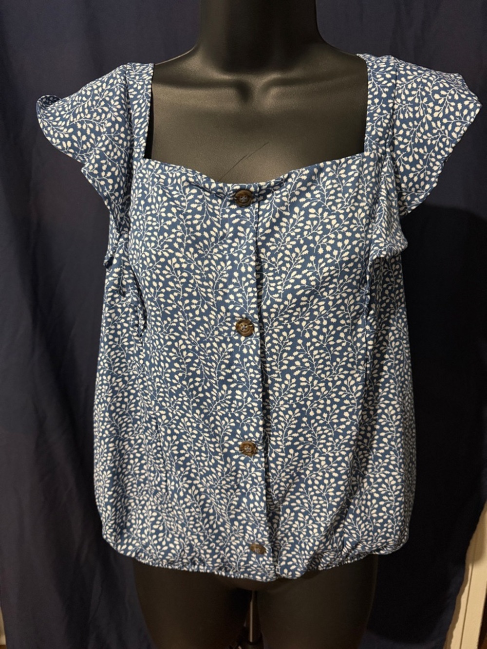 Sienna Sky Blue Floral Button-Front Ruffle Sleeve Blouse